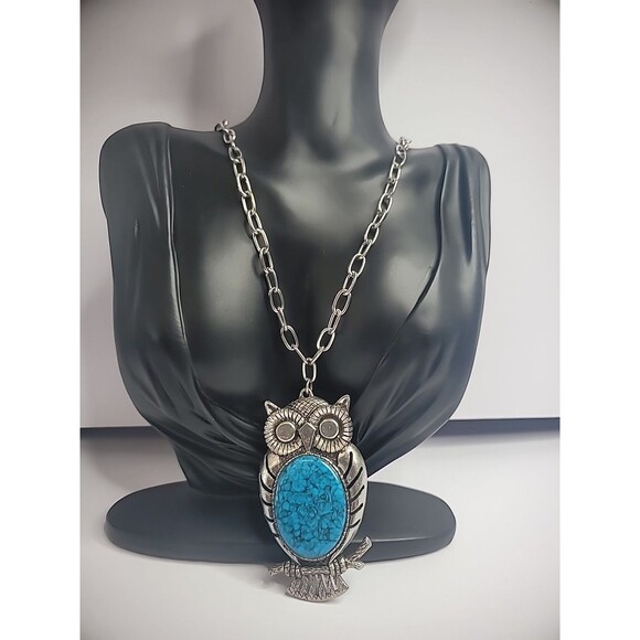 Vintage Silver Tone Owl Pendant Chain Necklace Blue Stone Jewelry Costume - Picture 2 of 12